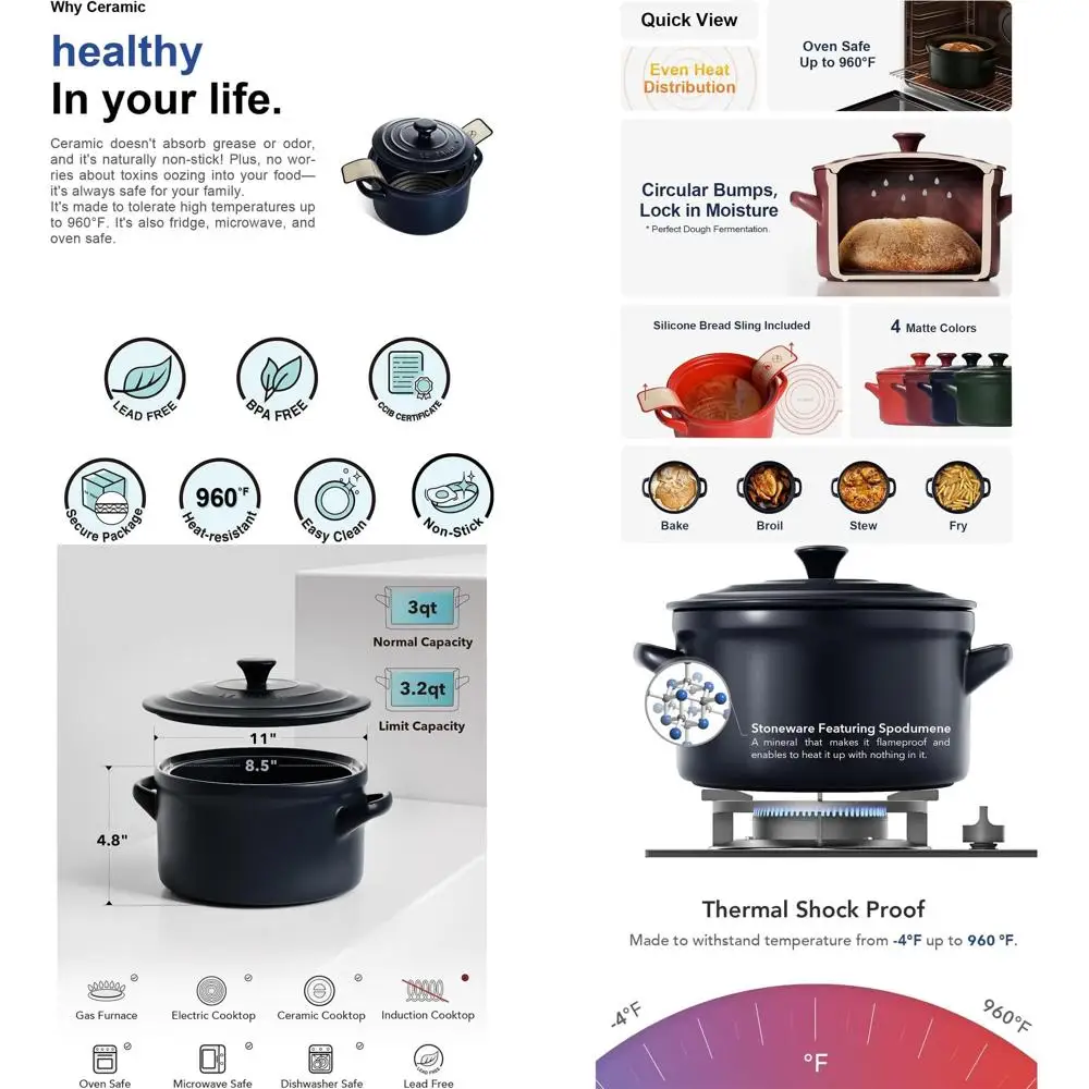 

Midnight Blue 3-Quart Ceramic Dutch Oven with Silicone Handle - Light, Non-Toxic, No Seasoning, Safe for Oven, Microwave, Dishwa