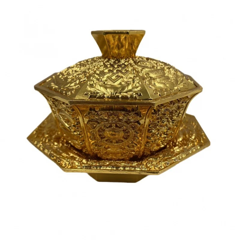 Imagem -05 - Banhado a Ouro Casa Chá Conjunto Decoração Oito Tesouros Auspicioso Gaiwan Cobre Puro Cobre Antigo Antigo