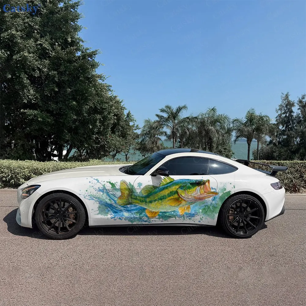 2pcs Sea Bass In The Water Stickers Car Stickers; Full-body Floral Decoration Covering Scratches; Waterproof Car Vinyl Wrap