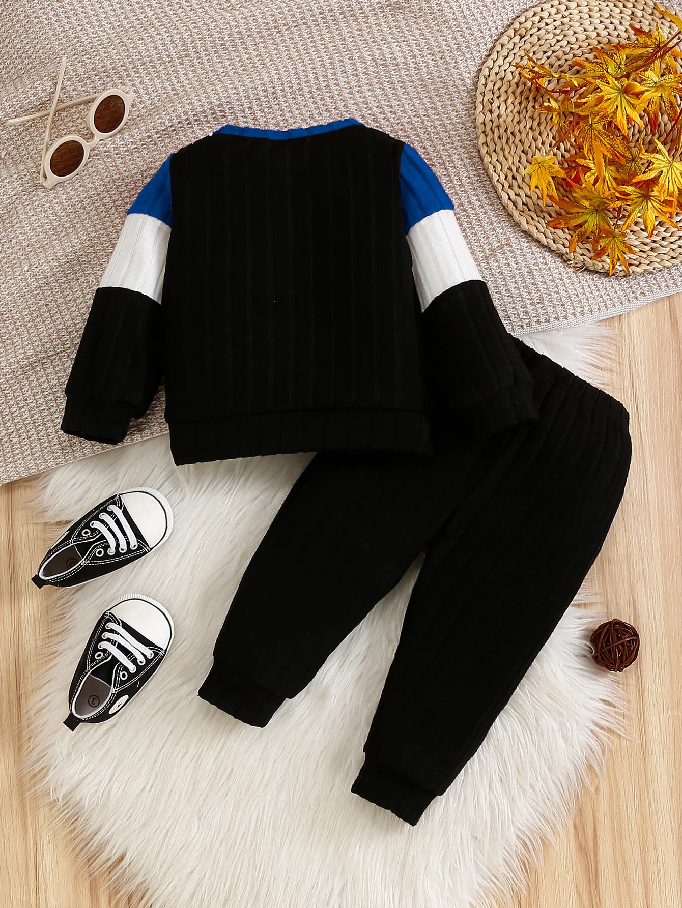 Baby Toddler 6M-3Y Color Block Knit Outfit Blue White Black Striped Long Sleeve Ribbed Sweater Top Black Knit Pants 2Pcs Set