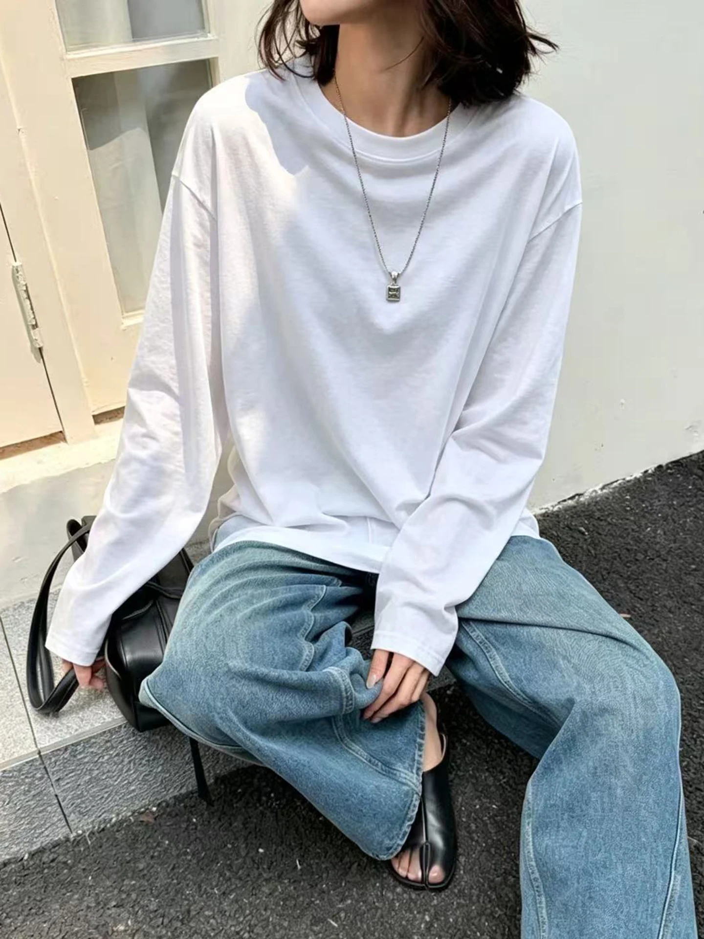 Women's Long Sleeve Cotton T-shirt Loose Fit round Neck Pure White Casual Style Spring Autumn New Arrival Base Layer Shirt