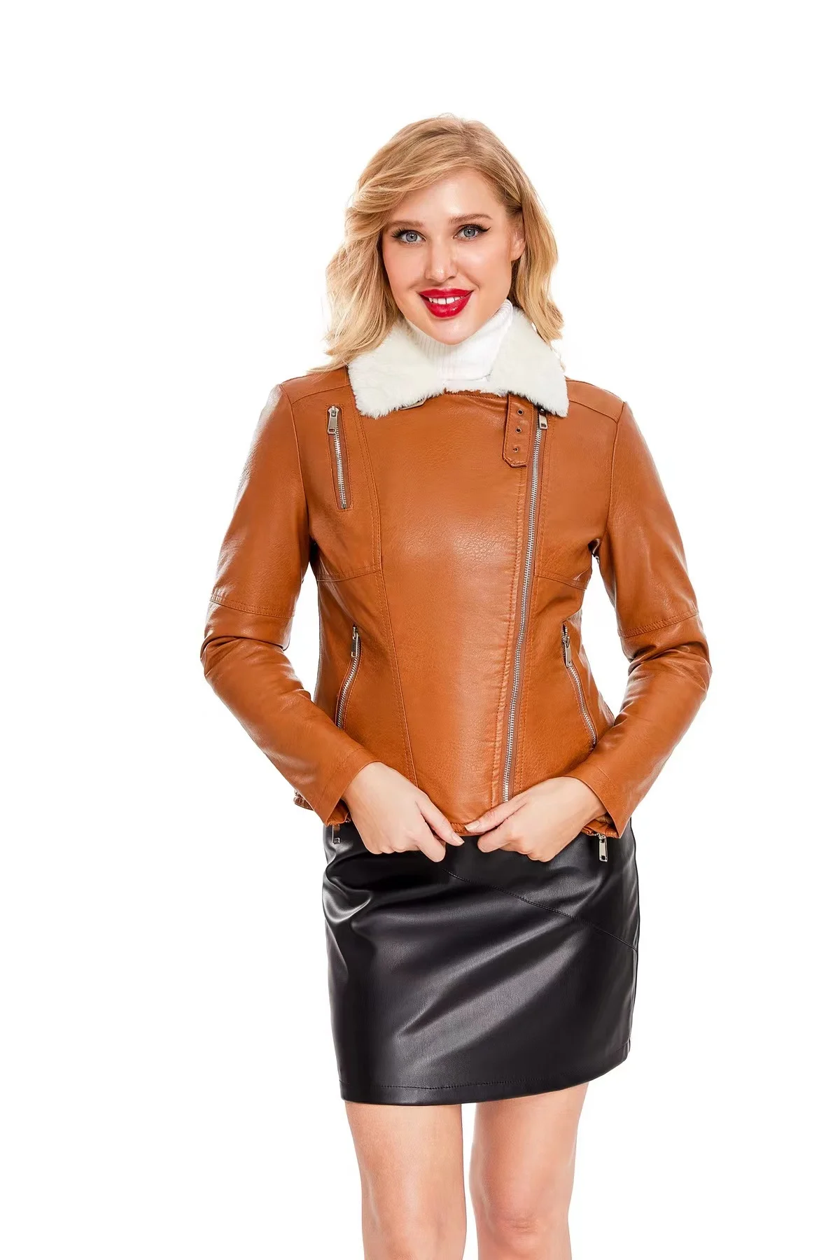 Manteau en fausse fourrure thermique automne/hiver, veste en cuir pour femme, Slim, veste de moto basique, manteau en peluche décontracté