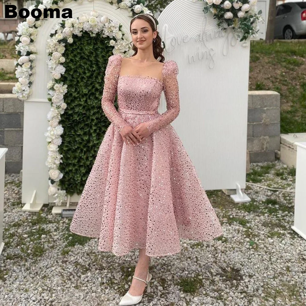 Booma A Line Pink Shiny Short Wedding Dresses Long Sleeves Bridals Gowns Sequined Midi Bride Party Dresses Elegant Evening Dress