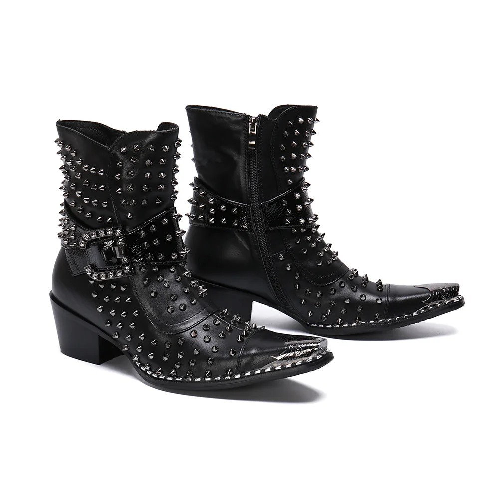 Genuine Leather British Style Punk Rivet Knight Boots Top-grain Leather Men Metal Pointed Toe Thick Heel Motorcycle Ankle Boots view 6