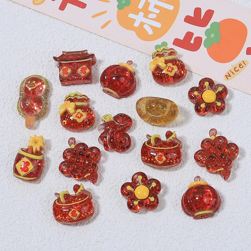 10pcs/lot Resin Red New Year Cabochons Vintage Chinese Knot Firecracker Fortunate Bag Ice Candy Ornament for Phone Case