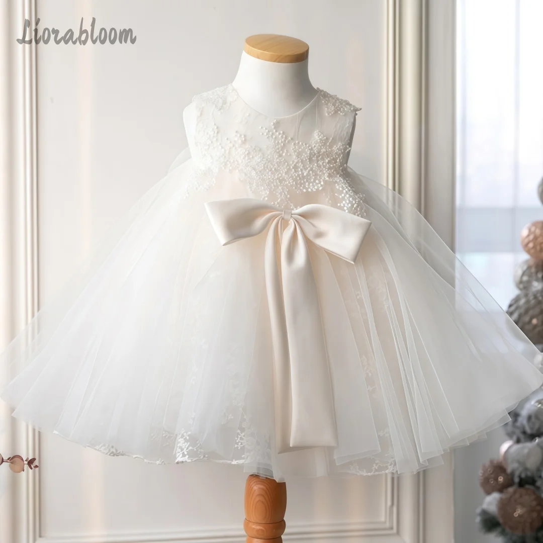 Flower Girl Dress for Wedding Toddler Kids Champagne Tulle Ball Gown with Big Bow Lace Formal Party Dress свадебное платье view 3