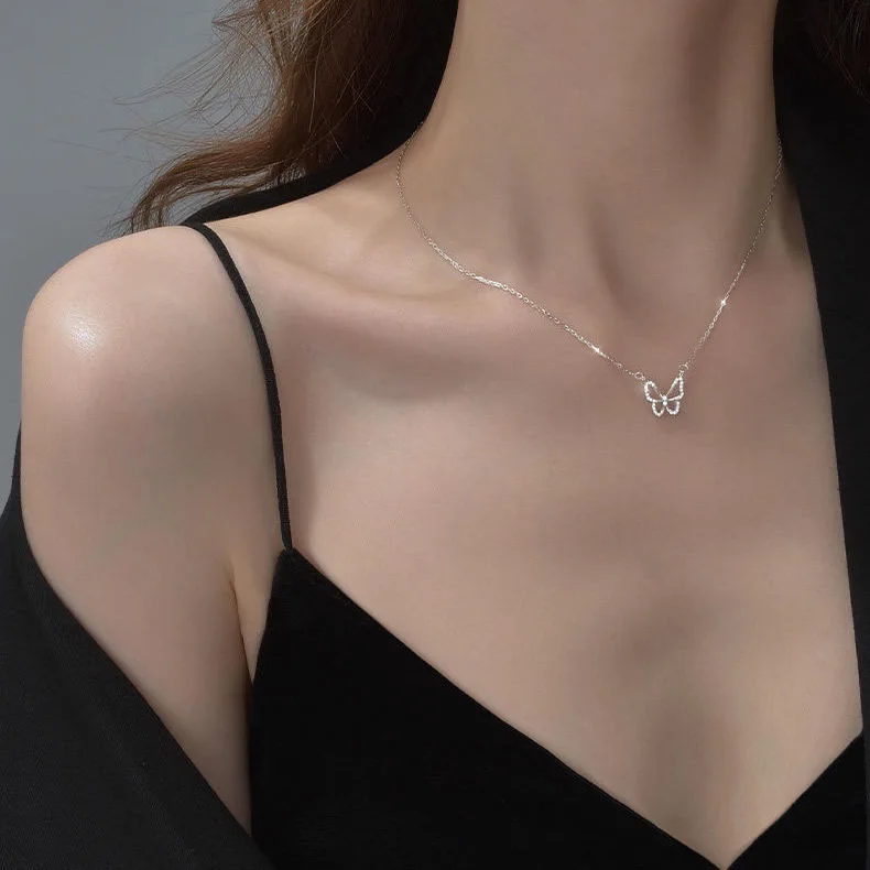 Hollow Butterfly Zircon Pendant Necklace for Women Delicate Clavicle Chain Minimalist Link Chain Choker Jewelry Girl Gift