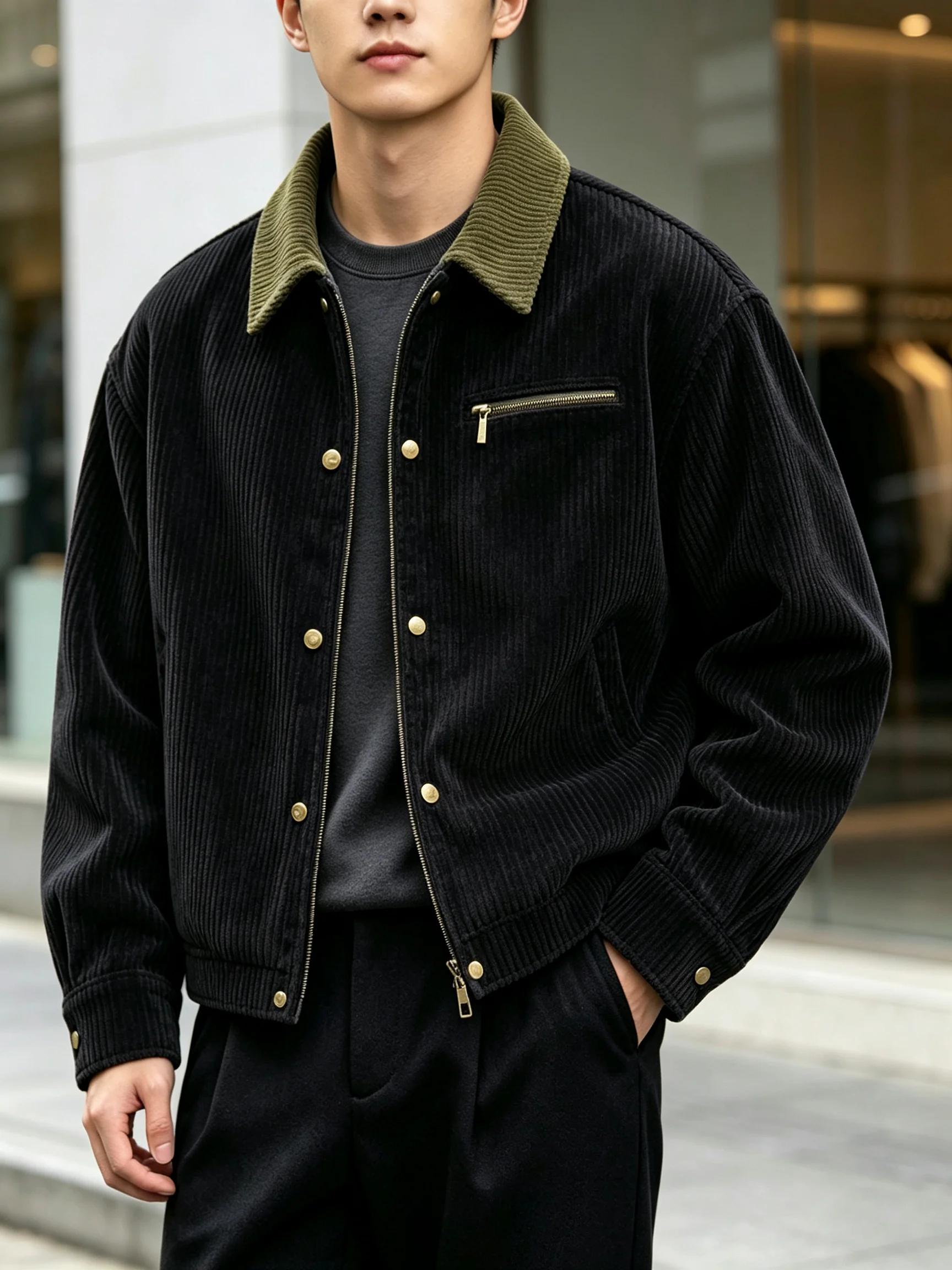 Men Corduroy Jacket Contrast Color Collar, Front Zipper & Button Design Casual Long Sleeve Trucker Coat for Autumn Daily Wear