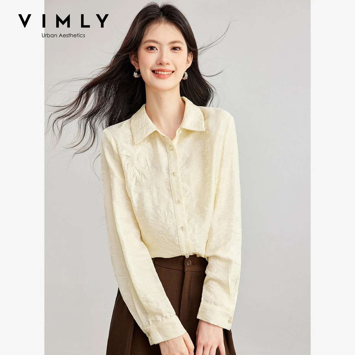 VIMLY Women's Shirt French Sequin Embroidered Lapel Long Sleeve Blouses 2026 Autumn New Subtle Jacquard Apricot Top Ladies A7336