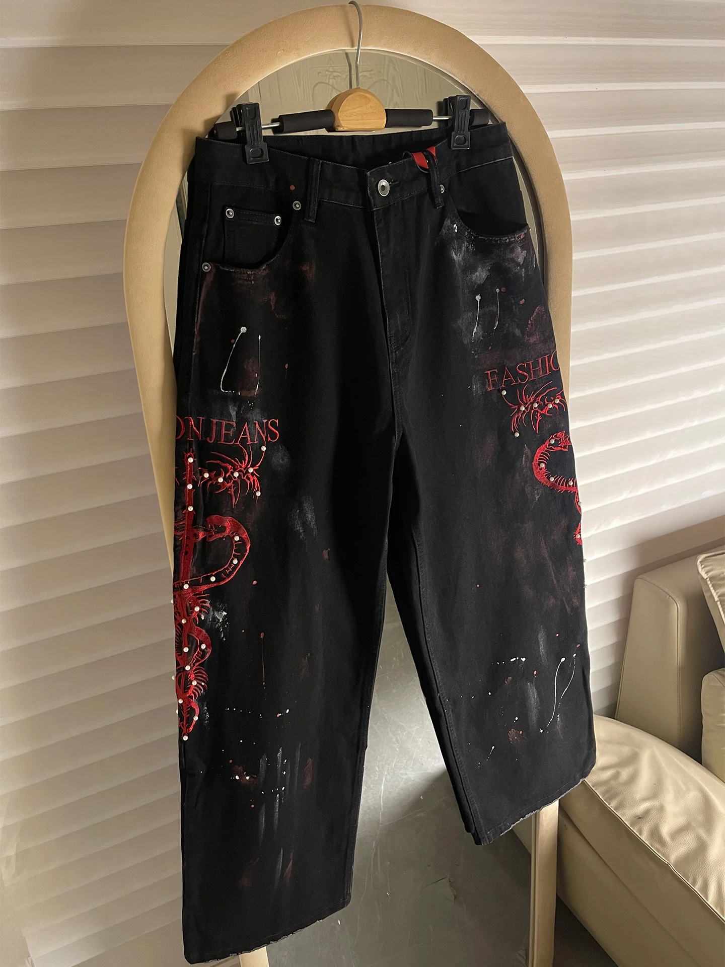 

Parisian Sle Heavy Embroidery Pearl Decorated Loose Straight Leg Men's Jeans American Streetwear Faion Durable Breathable