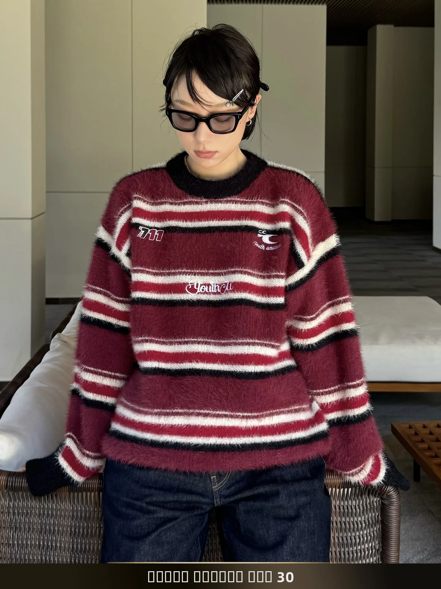 

Американский ретро-свитер с полосками и вышивкой букв, вязаный, осенний, в стиле lazy, с круглым вырезом, имитация норки, пуловер, трикотаж