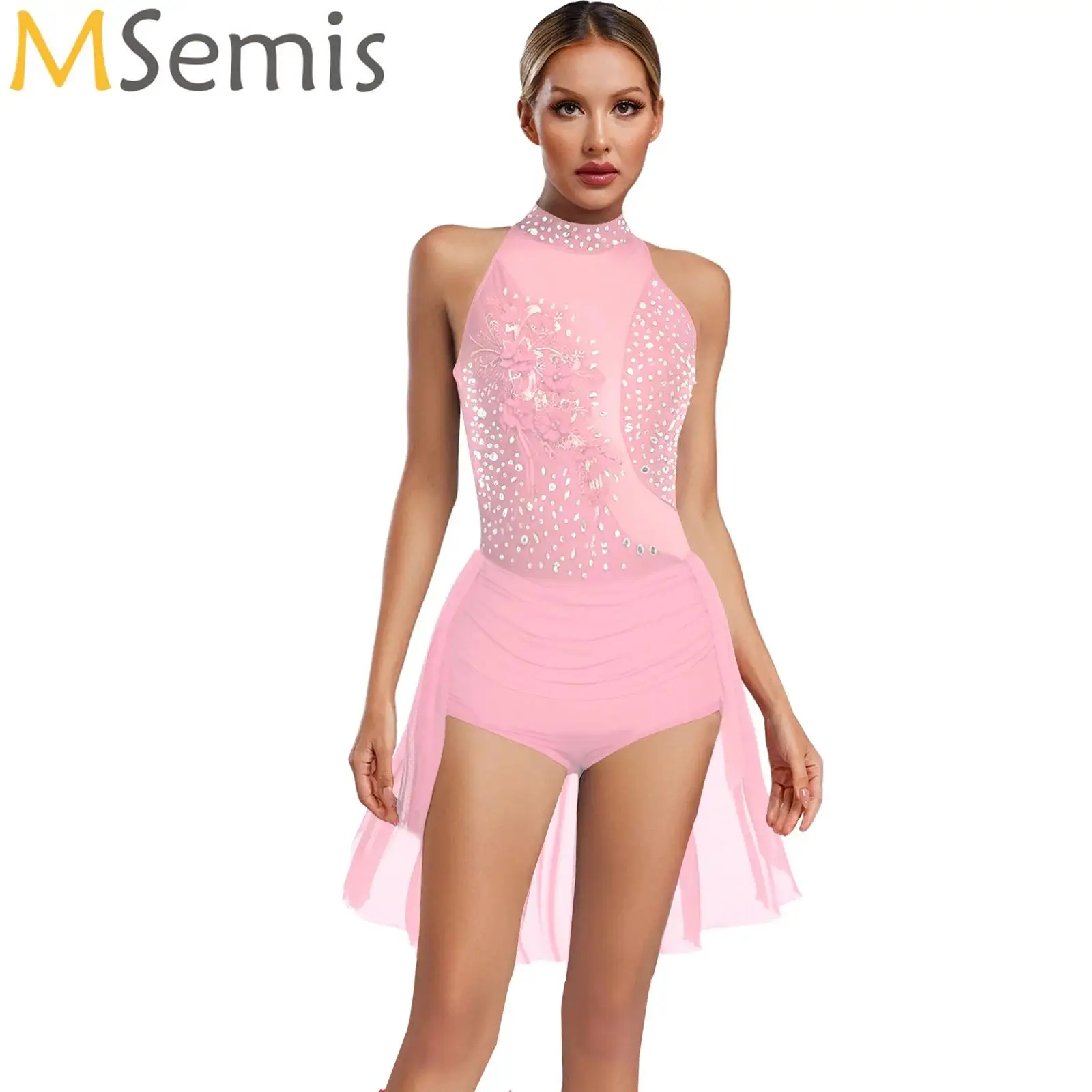 

Women Applique Ballet Dance Skirted Leotard Glittery Rhinestone Lyrical Contemporary Dance Dress Performance Dancewear Costume
