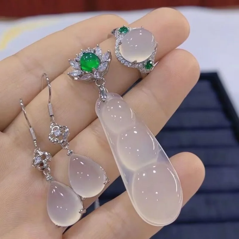 Ice White Chalcedony Fortune Bean , Agate Women's Earrings and Ring, Jade Three-Piece Gift Set view 3