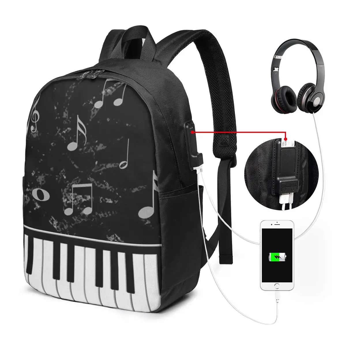 Music Note Piano Key Backpack Travel Notebook Bag Computer College Student School Bag Laptop Shoulder Bags for Men Women