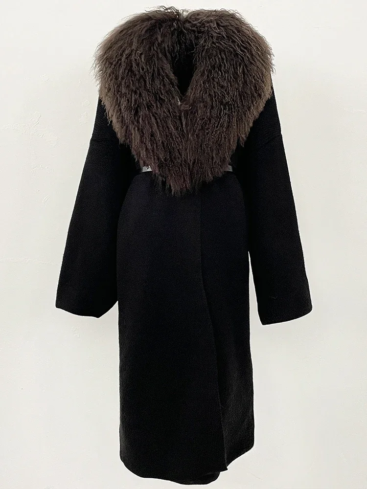 2025 겨울 가디건 여성용 진짜 몽골 양털 스웨터 롱 웜 벨트 의류 여성 패션 트렌디 의류