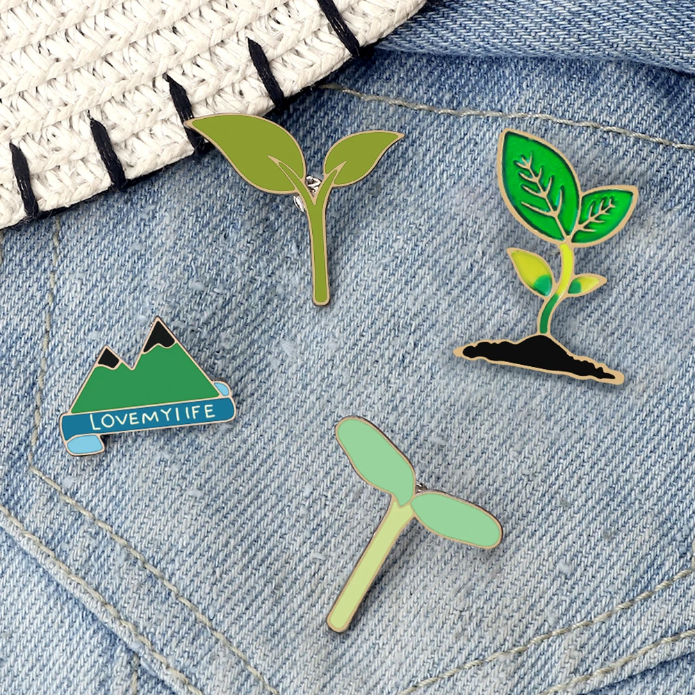 Green Cartoon Plant Seedling Leaf Enamel Pin Metal Leaves Plants Mountain Pins Brooches Women Men Badges Jewelry Friends Gifts