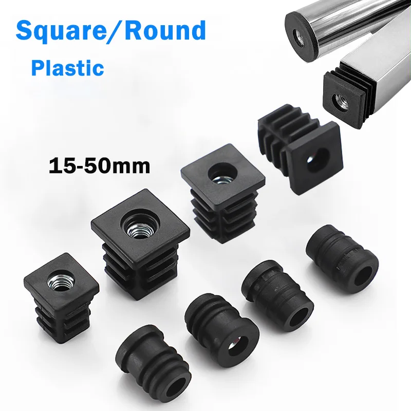 4/8pc Black Square/Round Plastic Pipe Plugs Furniture Leg Feet With M6 M8 M10 Nut Hole Tube Blanking End Inserts Caps Pipe Cover