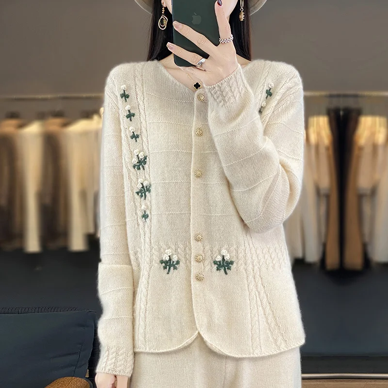 

100% wool women's knitted cardigan, pattern, buttons, casual, fashion, 2024 autumn and winter new style