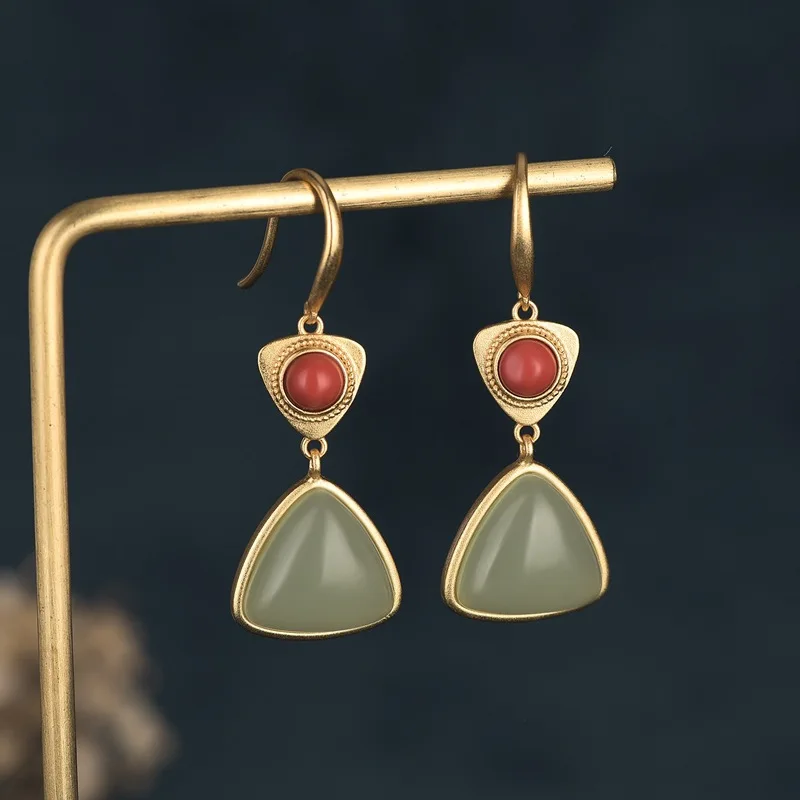 Elegant Vintage Drop Earrings for Women Gold Color Dangle Earrings Triangle Imitation Jade Earings Female Fashion Jewelry