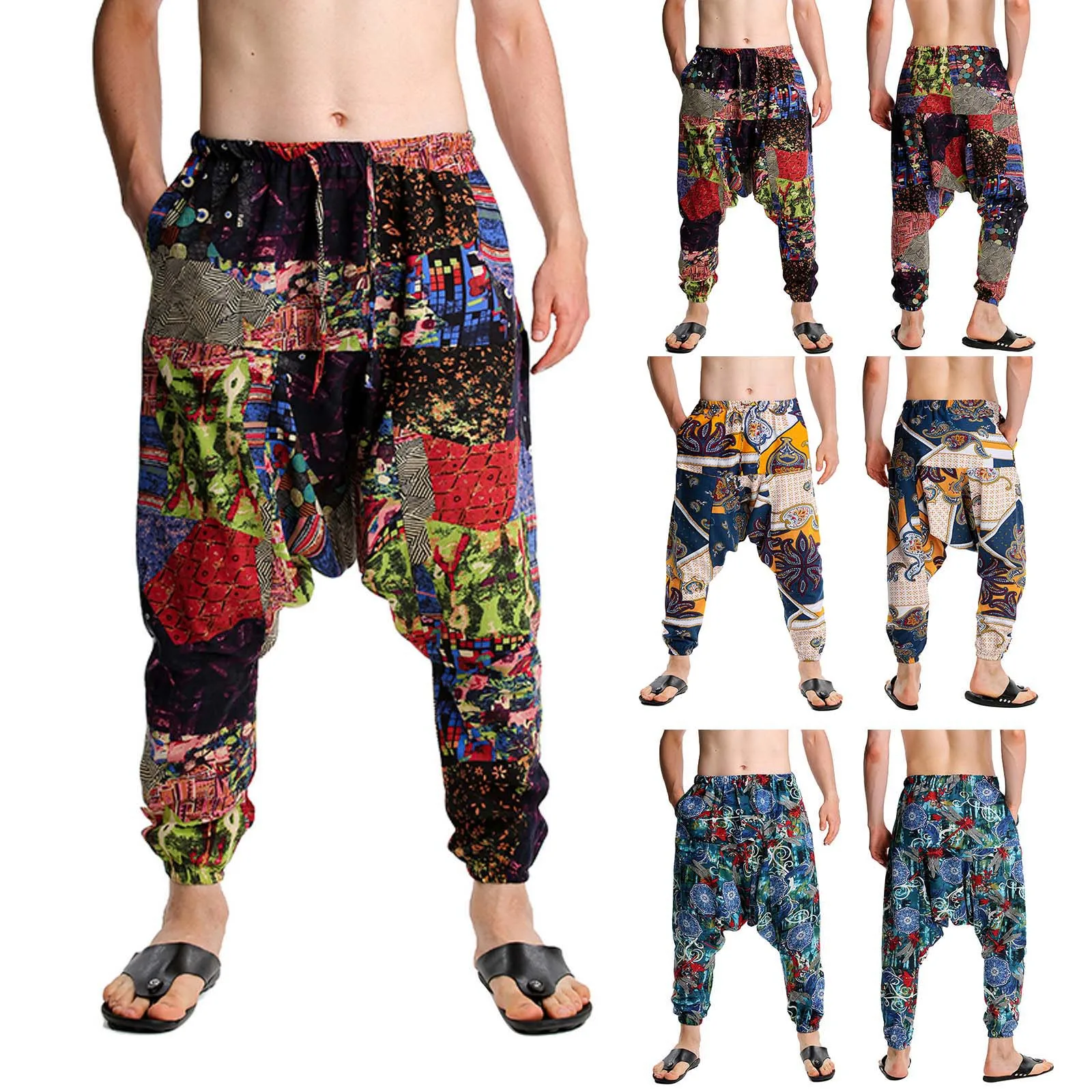 

Men's Casual Harem Pants Elastic Waist Baggy Hippie Yoga Pants Male Loose Cotton Linen Plus Size Lace Up Flying Squirrel Pants