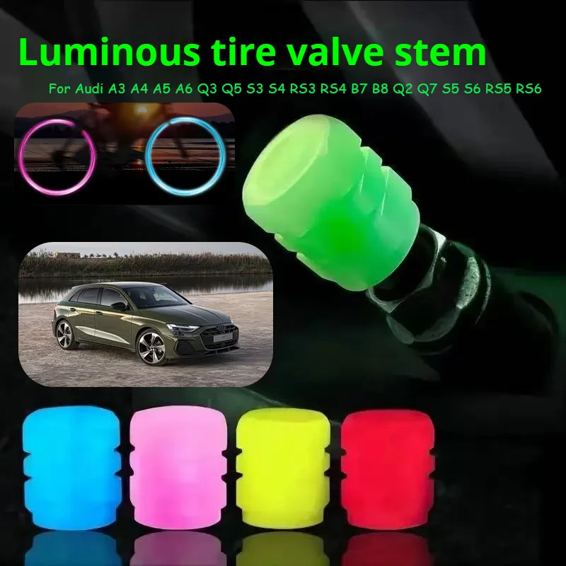 For Audi 4pcs Luminous Valve Stem Cap, Universal Car Fluorescent Valve Stem Cap, Luminous Valve Stem Cap