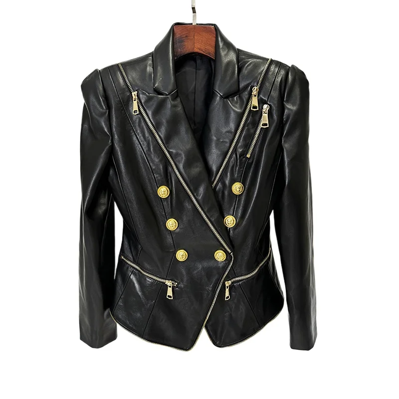 Classic Zipper Trim Leather Jacket Women Lion Head Gold Buttons Coat Women Winter Double-breasted Slim Leather Blazer Jacket