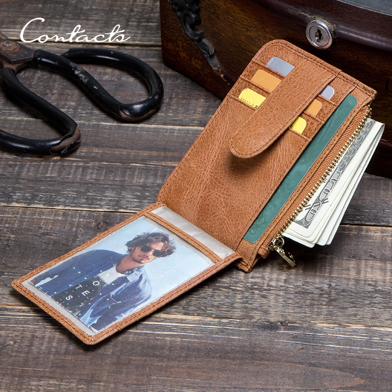 

CONTACT'S Genuine Leather Men Credit Card Holder Male Slim Bifold Hasp Mini Wallet Zip Coin Pocket Photo Slot Men Casual Clip