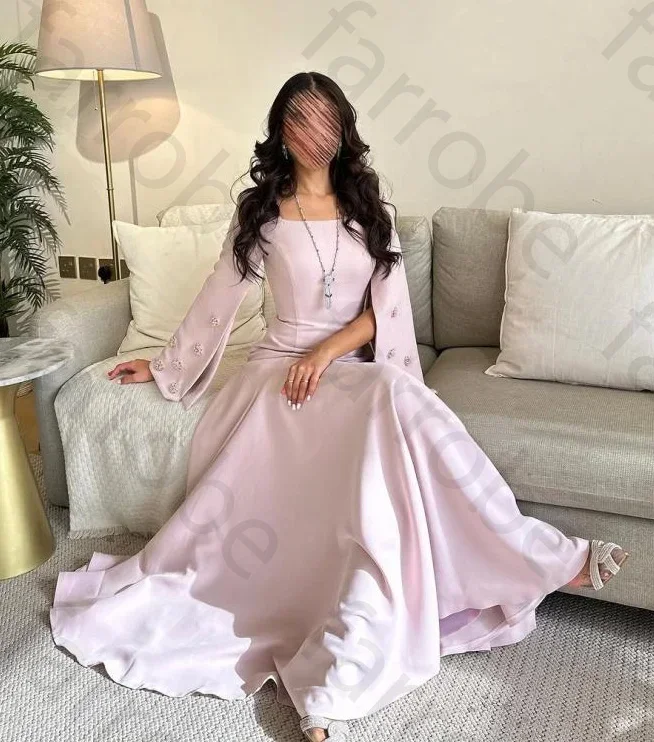 فساتين سهرة أنيقة مخصصة من الساتان بطول الكاحل وياقة مربعة على شكل حرف A فساتين حفلات مع مطرز بالخرز مناسبة رسمية للنساء #3