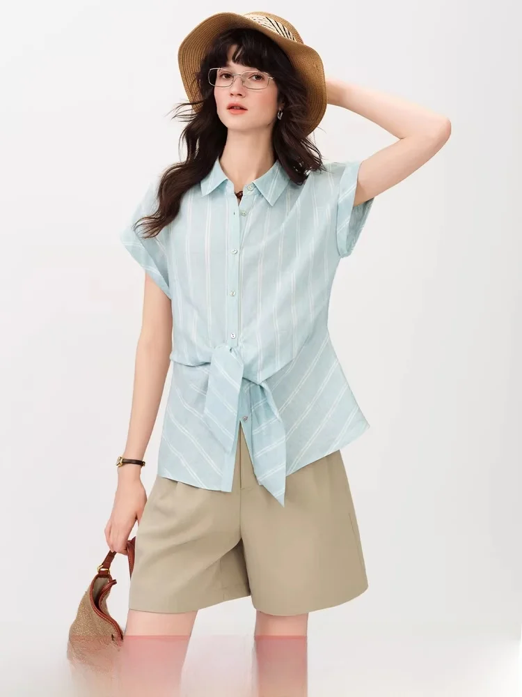 

Vivian Fan Linen Waist-Cinching Striped Shirt Top Women's Summer 2026 New Beach Vacation Casual Style No-Sleeve