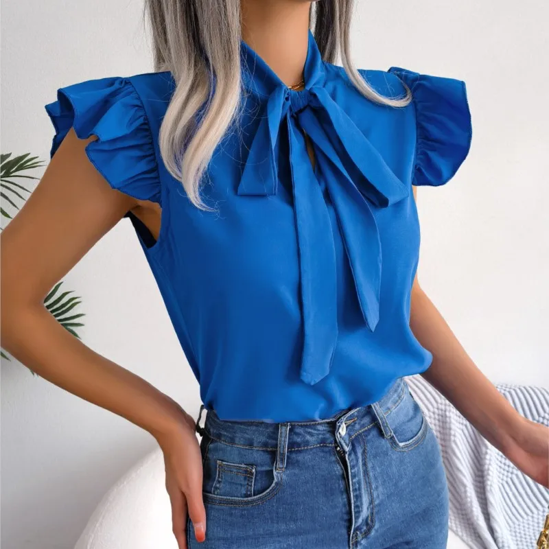 2024 Women Summer Black Ear Strap Bow Chiffon Shirt Office Lady Solid Color Slim Sleeveless Pullover Blouse Tops Femme Blusas