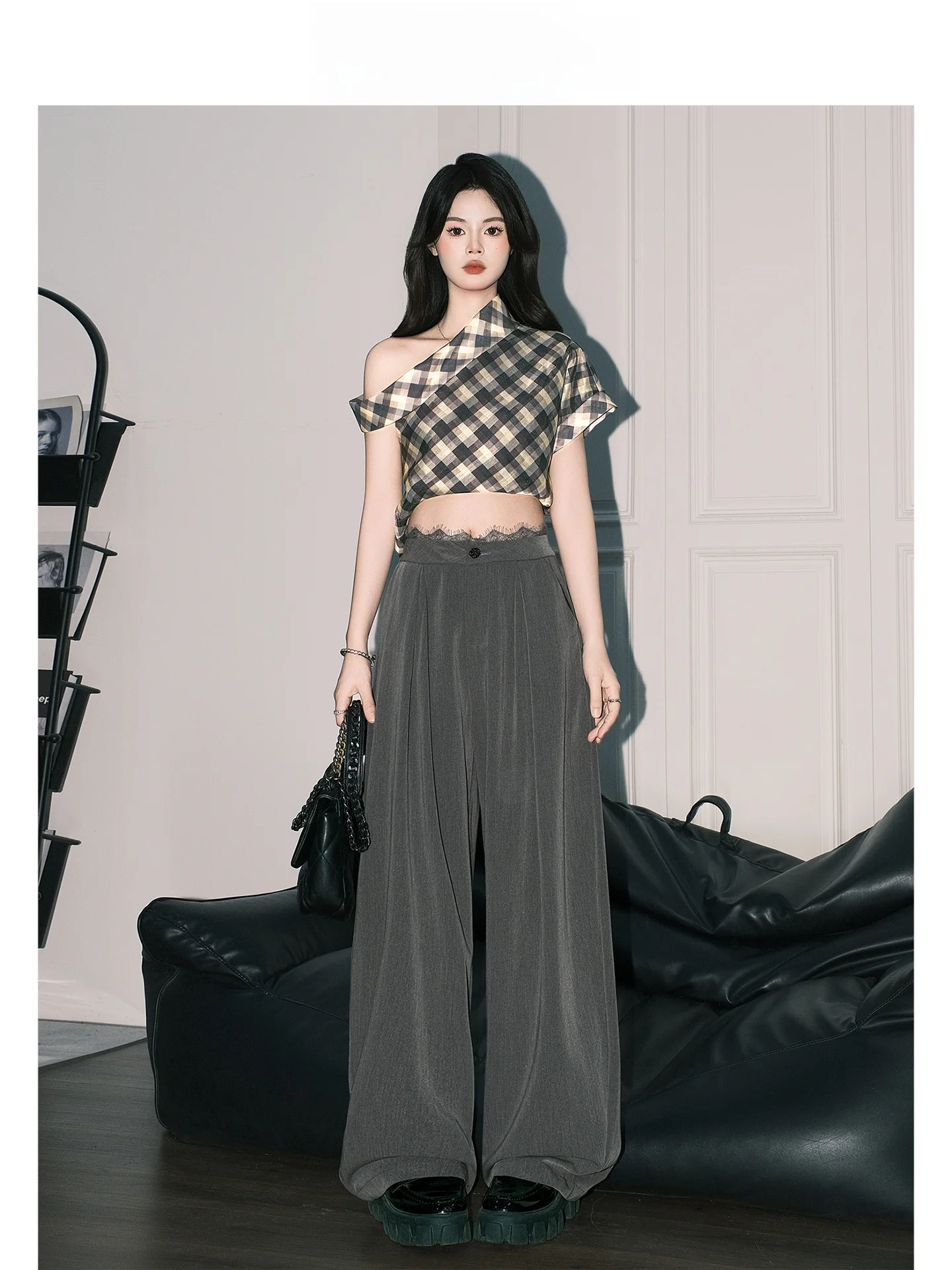 Pantalones de Traje de Pierna Ancha de Cintura Alta con Encaje Gris Forever 21 para Mujer, Pantalones Casuales Sueltos de Pierna Recta hasta el Suelo, Verano 2026