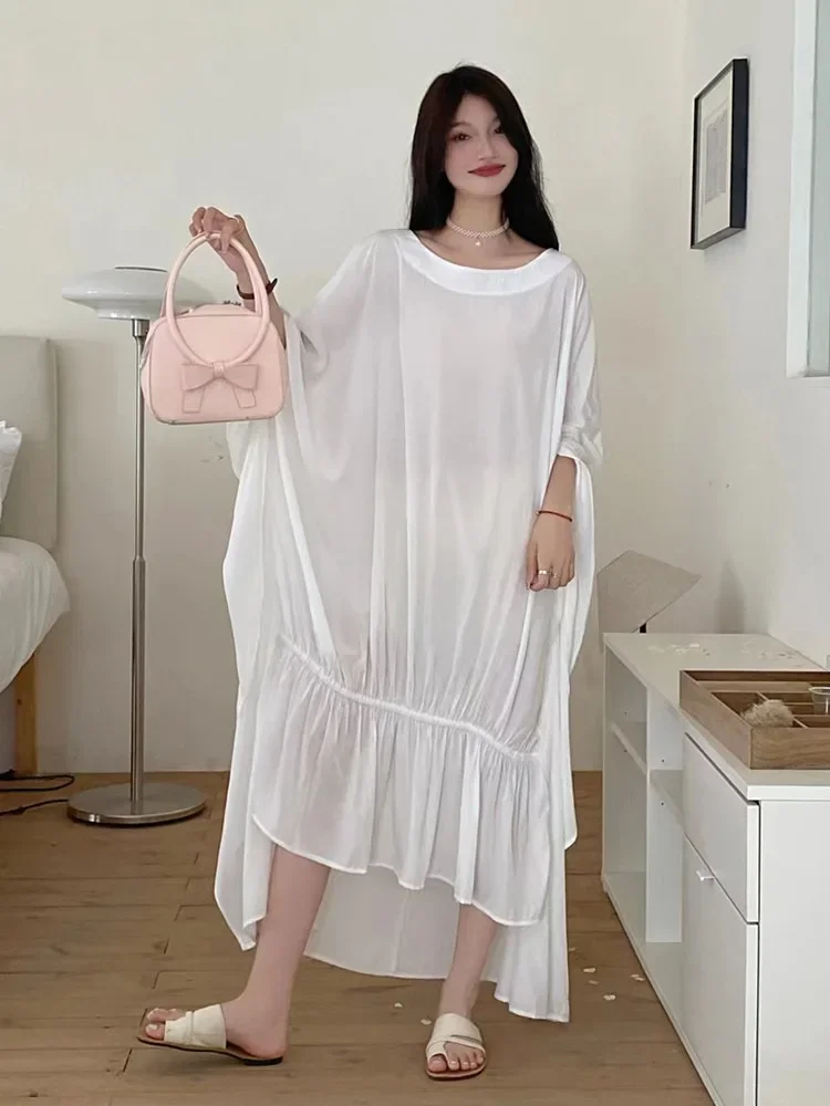 XITAO Asymmetrical Flounced Edge Folds Dress Solid Color Pullover Batwing Sleeve Fashion Slimming 2024 Summer New Casual ZY8835