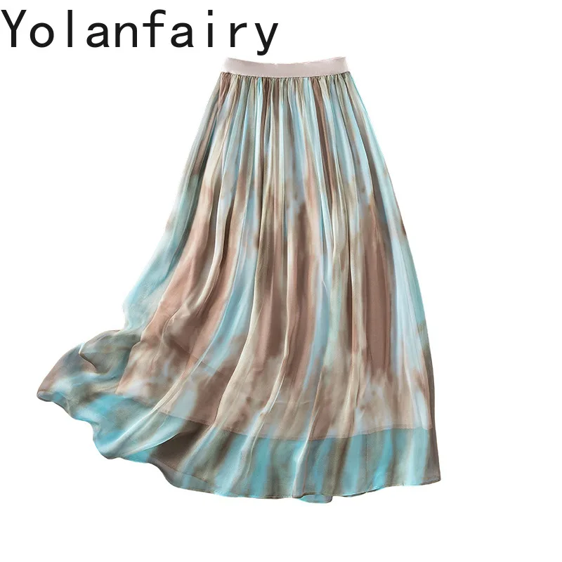 

YOLANFAIRY 100% Натуральные шелковые юбки из тутового шелкопряда для женщин 2026: Элегантная юбка А-силуэта с высокой талией и принтом, длинная юбка Faldas Largas