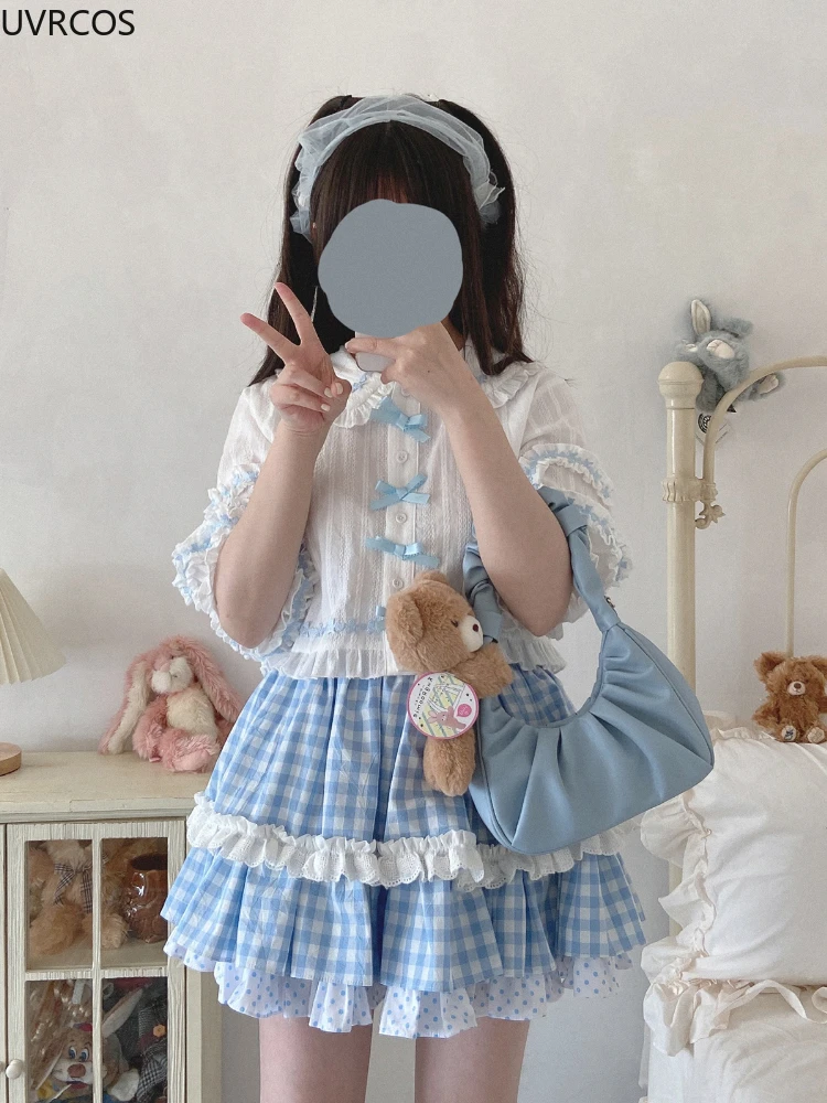 Autumn Sweet Lolita Plaid Skirt Suit Women Kawaii Bow Cotton Shirt Crop Tops Mini Skirts Girl Cute Two Piece Sets Lolita Outfits