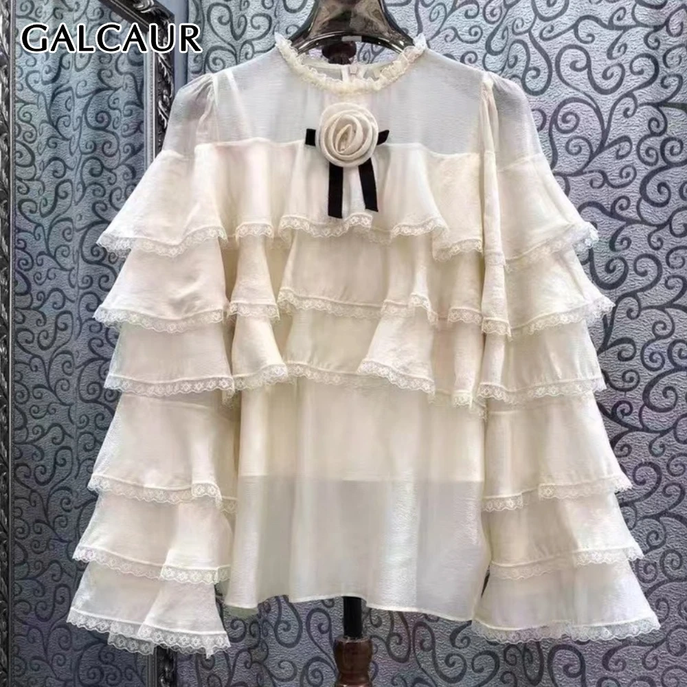 

GALCAUR Solid Spliced Ruffles Chic Shirt Female O Neck Flare Sleeve Loose French Sweet Women's Shirts Summer New Style Fashion