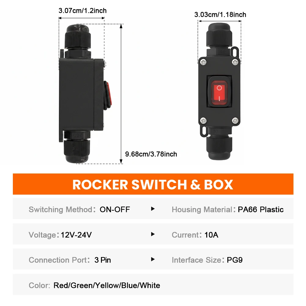 FILN2PCS 12V-24V 10A Waterproof Rocker Switch Box, 3-Pin ON-OFF LED Inline Switch for Marine, Boat, RV, UTV, PA66 Retardant