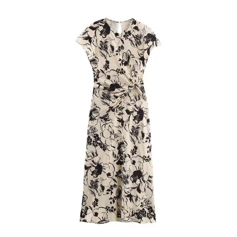 Ele Spring 2025 Damska Sukienka Midi z Jedwabiu Satynowego z Nadrukiem, Wszechstronna, Modna, Wygodna, Jednoczęściowa, Wysoka Jakość