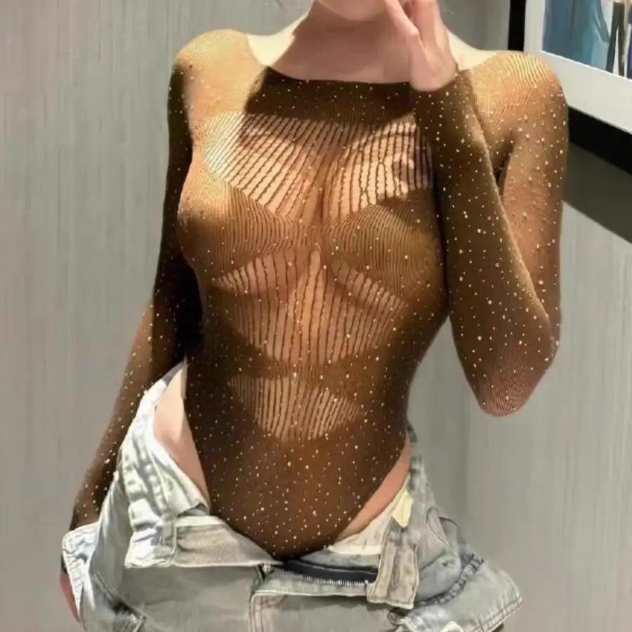 

Women's Sexy Bodysuit Long Sleeve Crop Top Jazz Dance Shirt Mesh Panel See Through Stretchy Y2K Aesthetic Performance Wear
