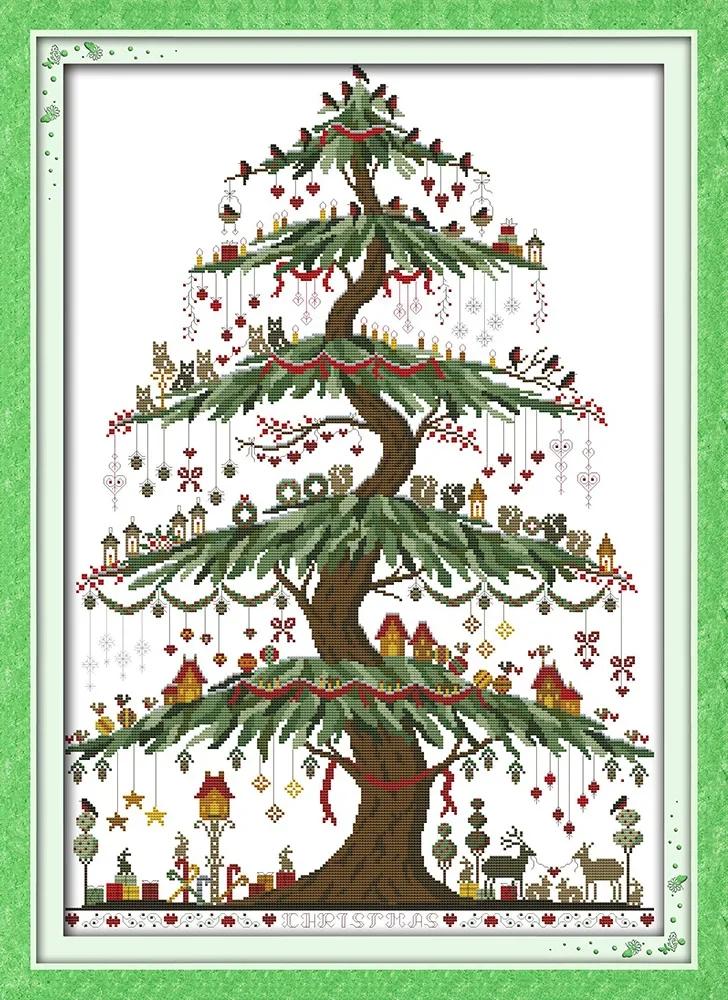 Joy Sunday New Printed Cross Stitch Kit  Easy Pattern Aida  Stamped Fabric Embroidery Set-Christmas Tree (2)