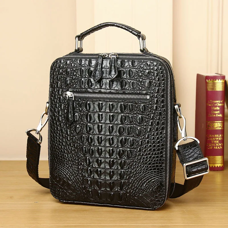 Maletín de cuero genuino con patrón de cocodrilo para hombre, bolso de negocios de gran capacidad, bolso de mensajero de hombro a la moda