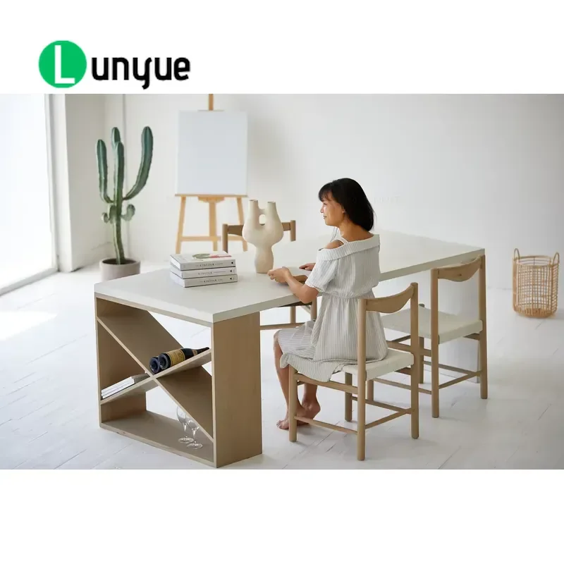 Modern White Rough Light Grey Oak Concrete Wood Large Kitchen Dining Table Set for 8 Seats Durable Spacious Home Furniture