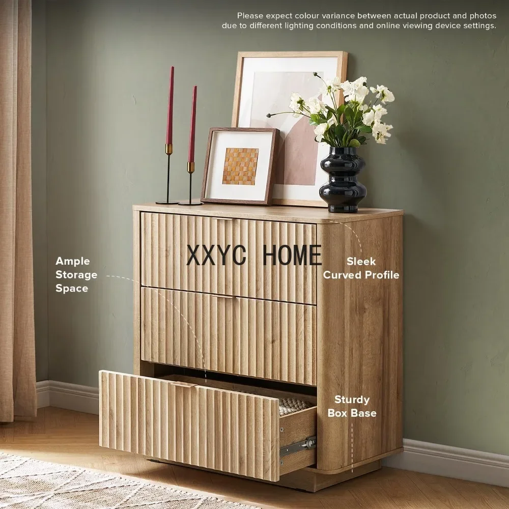 Brooklyn Cómoda de roble con 3 cajones, cómoda, credenza de madera, mesita de noche alta, perfil curvo, antivuelco