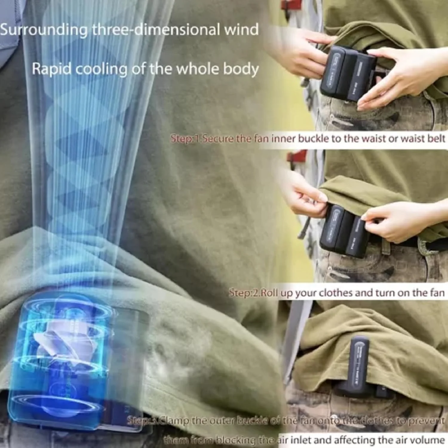 مروحة بمشبك رائع تحت القميص، مشبك مروحة خصر محمول، مروحة تبريد قوية لتدفق الهواء للخصر، صيد السمك أثناء السفر في الهواء الطلق (أسود)