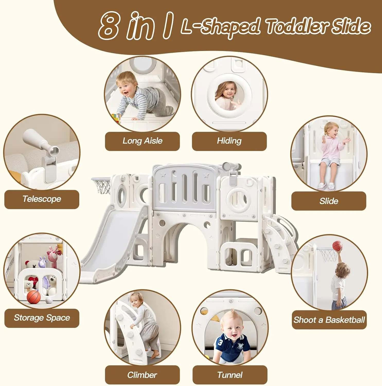 8 in 1 Toddler Slide,Kids Climber Slide with Storage Space and Non-Slip Steps,Indoor Outdoor Playset with Basketball Hoopa and T