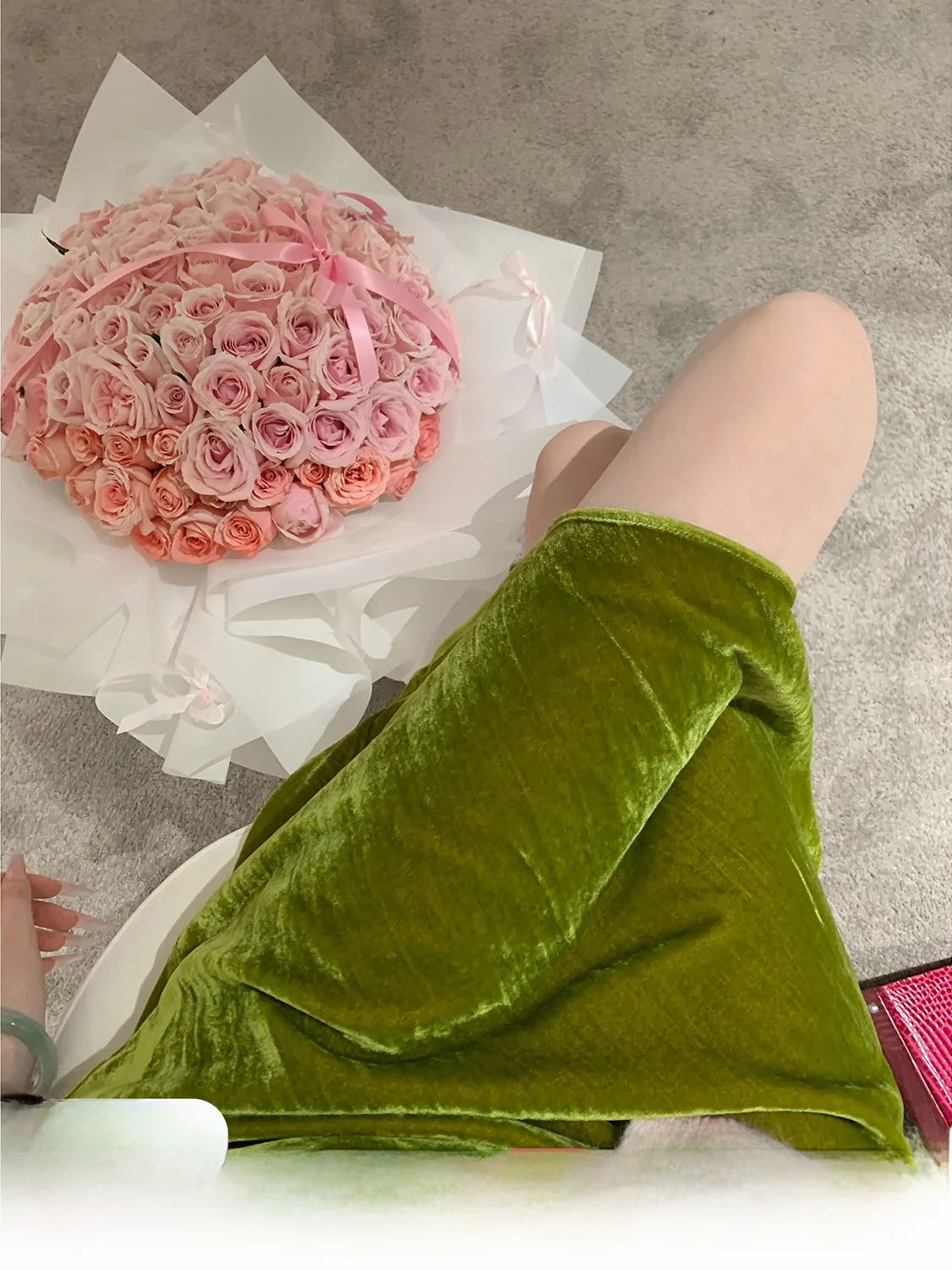 Syqiao Autumn Winter New Style High Waist Midi A-Line  Skirt in Olive Green Velvet White Enhancing Women's Fashion