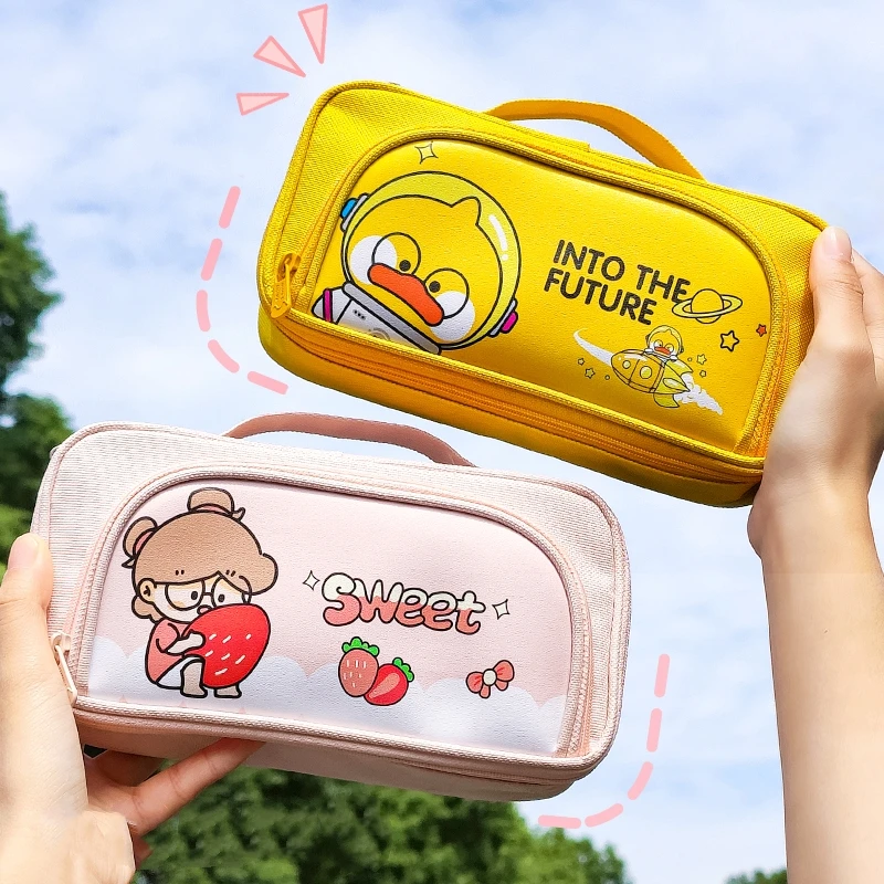 Cartoon Pencil Bag Pen Case Kawaii PU & Canvas Handbag Multi Slot Mesh Pocket Storage Pouch for Stationery School A7293