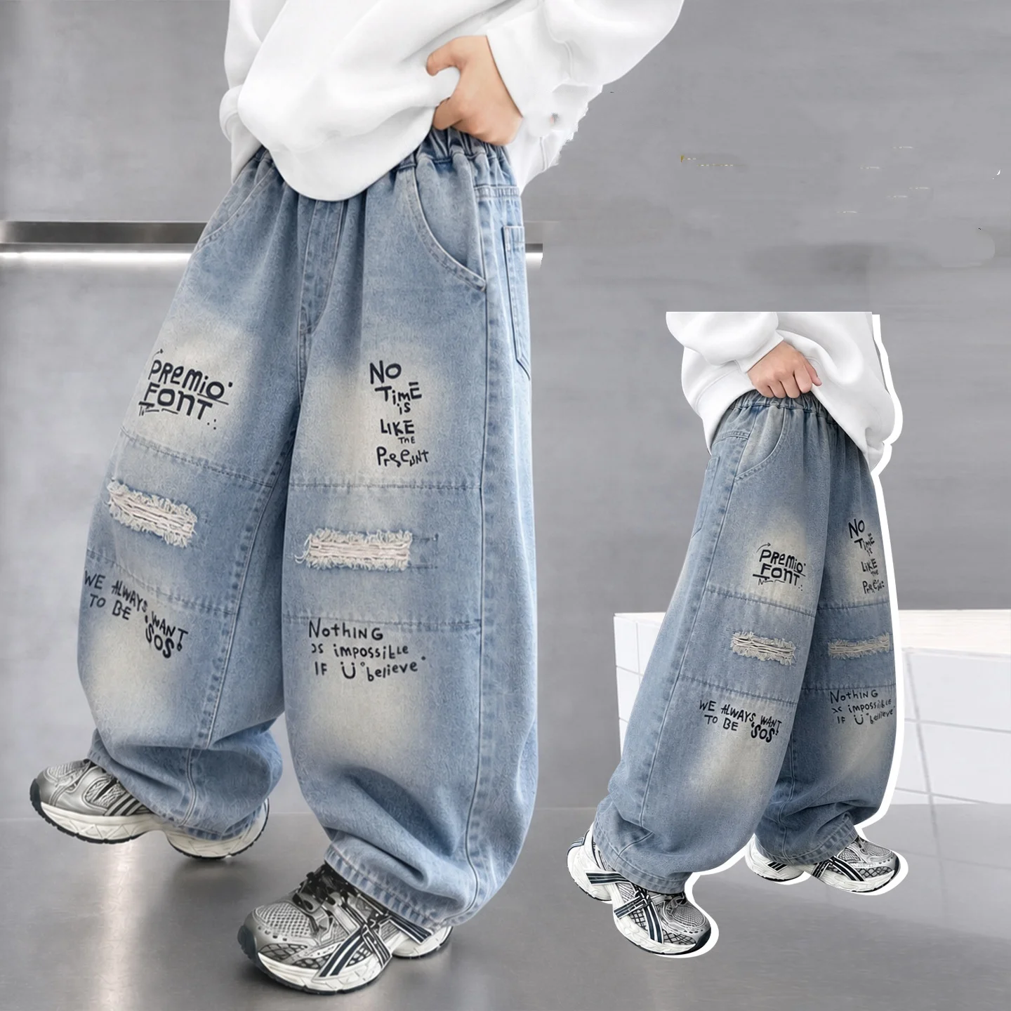 Teens Kids Designer Hole Jeans with Graffiti for School Boy High Quality Denim Pants Fashion Child Luxury Clothes Trousers