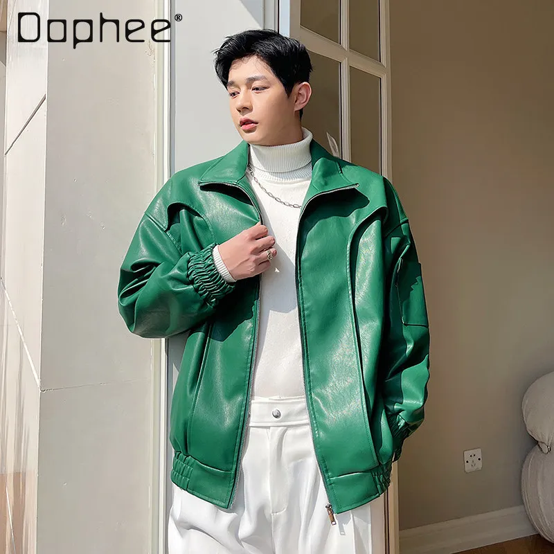 Spring and Autumn Street Style Men's Short Stand Collar Green PU Leather Jacket Korean Version Loose Casual Cool Black Coat