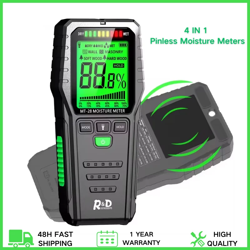 

4 IN 1 Pinless Moisture Meters Non-Invasive Digital Wood Moisture Tester Water Leak Detector for Wall,building,Firewood,Humidity