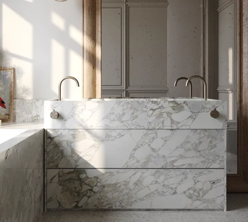 Luxury  Natural Stone Rectangle Calacatta Viola Marble Bathroom Cabinet Vanity With Wash Basin Sink and Container Drawer